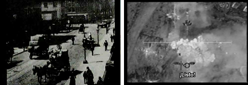 2 film stills. The first is a view of a bridge from an early film. The second is a aerial view of a military bombing.
