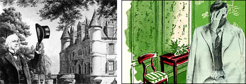 2 film stills. The first shows a collage of engravings including a victorian man and a chateau. The second shows a watercolour image of a room and a man with his hand to his head.