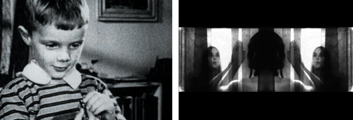 2 films stills. The first shows a small boy looking at a small object he is holding. The second shows a womans face mirrored accross the screen.