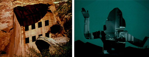 2 films stills: The first shows a collage of rocks and painted black squares, the second shows a cut out of a woman with a courtroom scene showing through her silouette.